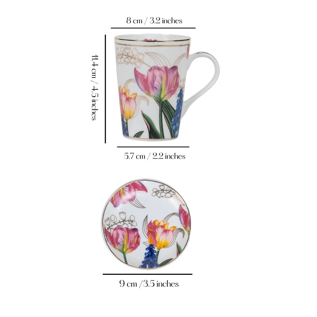 Golden Tulip Garden Mug & Coaster Set – 2 Mugs + 2 Coasters | 24 Carat Gold