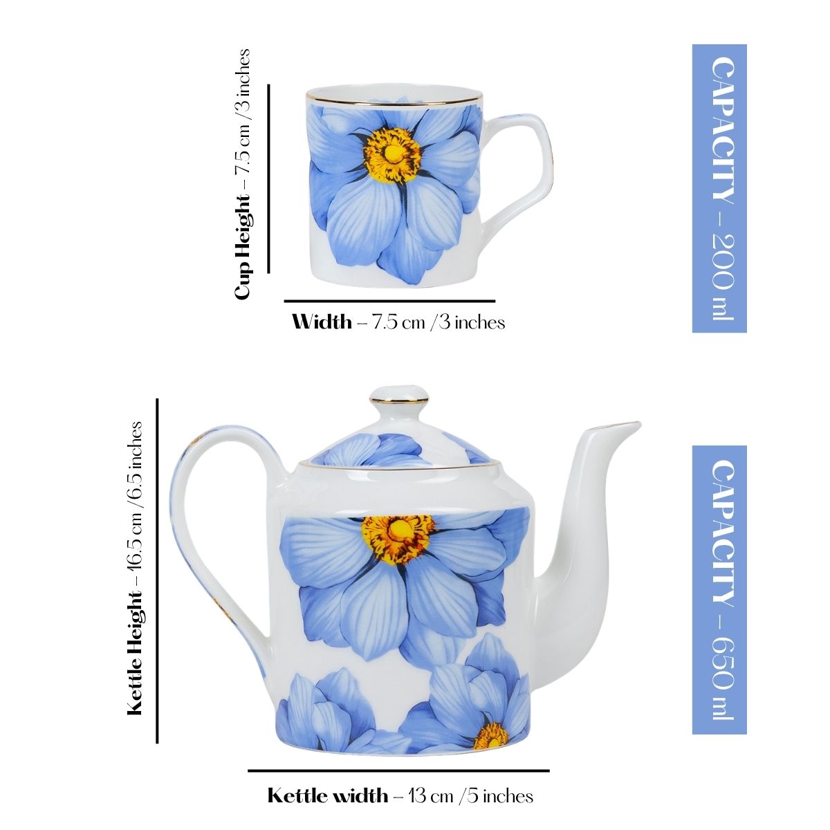 Magnolia Bloom – Lavender Floral Tea Service Set – 6 Tea Cups & 1 Kettle | 7-Piece Set