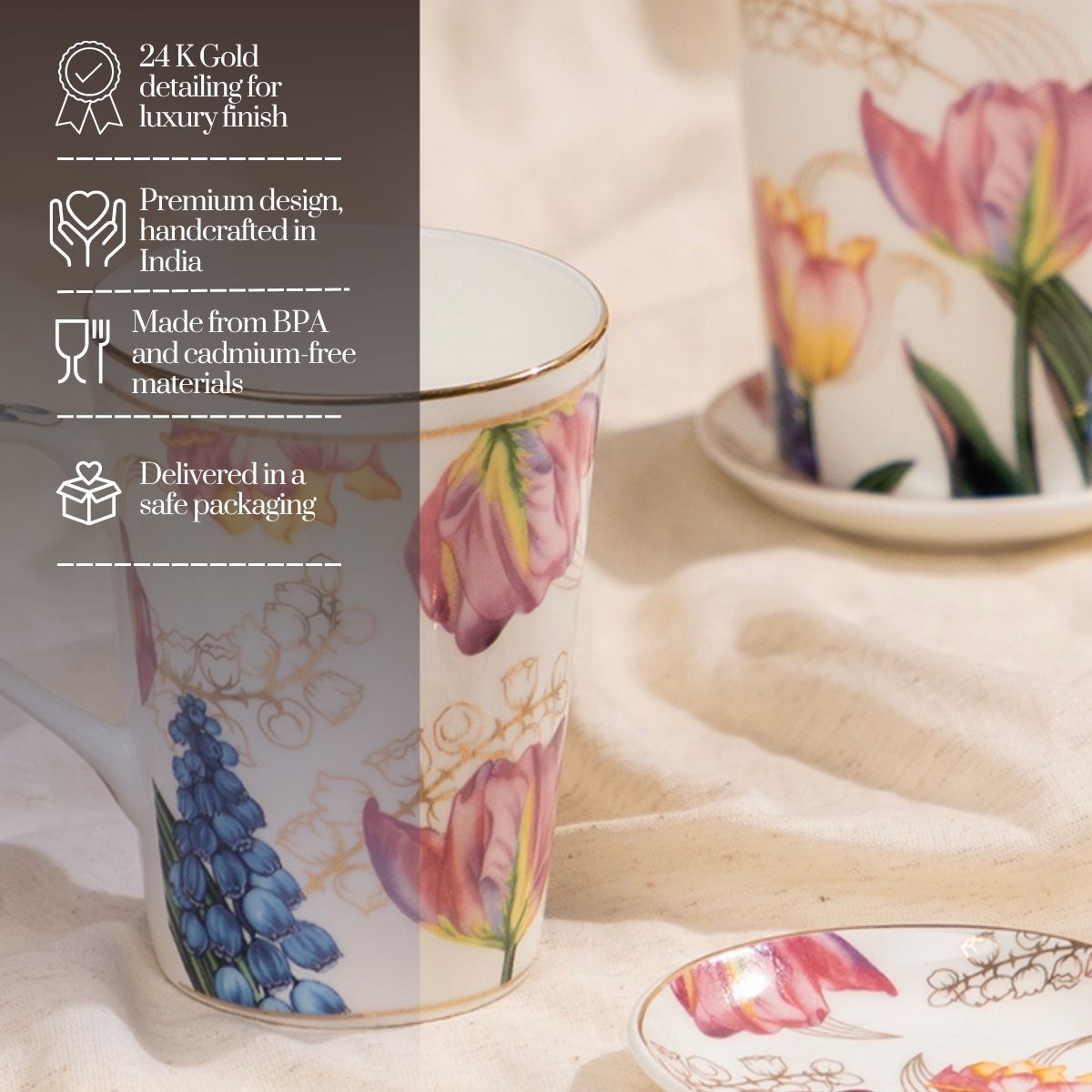 Golden Tulip Garden Mug & Coaster Set – 2 Mugs + 2 Coasters | 24 Carat Gold