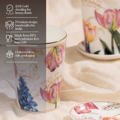 Golden Tulip Garden Mug & Coaster Set – 2 Mugs + 2 Coasters | 24 Carat Gold
