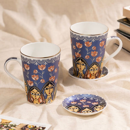 Indigo Sisters Mug & Coaster Set – 2 Mugs + 2 Coasters | 24 Carat Gold Rim