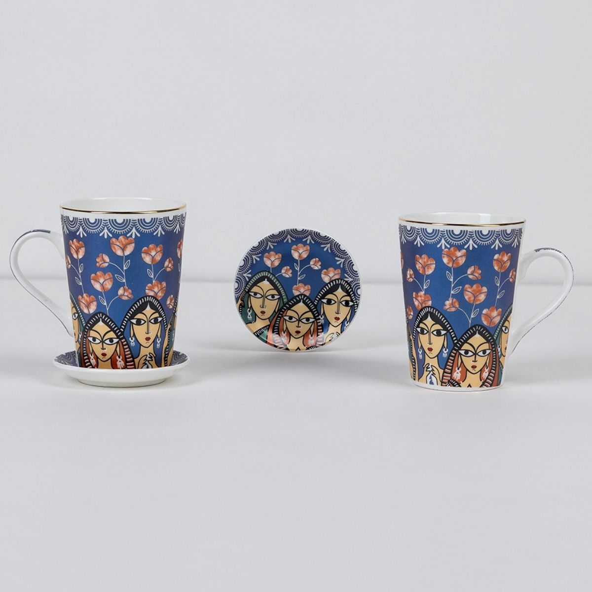 Indigo Sisters Mug & Coaster Set – 2 Mugs + 2 Coasters | 24 Carat Gold Rim