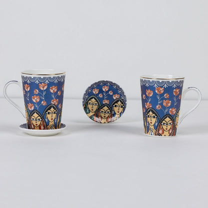 Indigo Sisters Mug & Coaster Set – 2 Mugs + 2 Coasters | 24 Carat Gold Rim