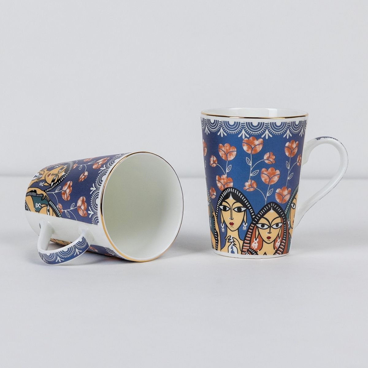 Indigo Sisters Mug & Coaster Set – 2 Mugs + 2 Coasters | 24 Carat Gold Rim