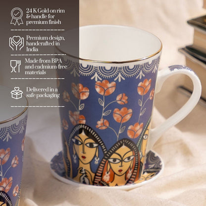 Indigo Sisters Mug & Coaster Set – 2 Mugs + 2 Coasters | 24 Carat Gold Rim