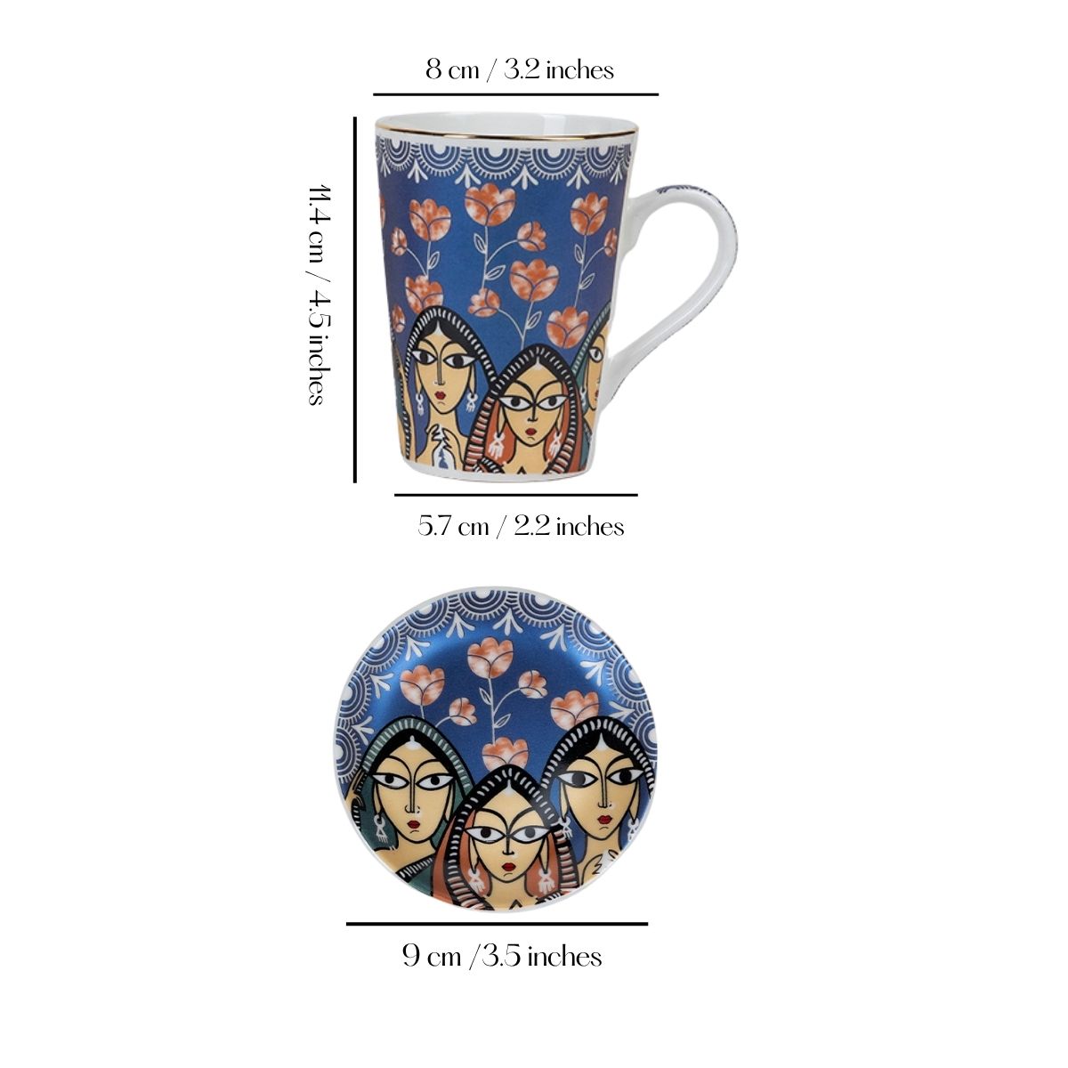 Indigo Sisters Mug & Coaster Set – 2 Mugs + 2 Coasters | 24 Carat Gold Rim