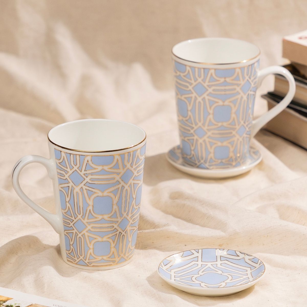 Blue Gold Deco Mug & Coaster Set – 2 Mugs + 2 Coasters | 24 Carat Gold