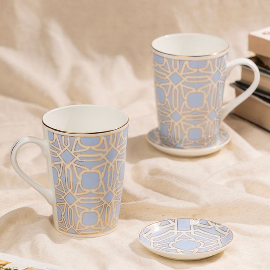 Blue Gold Deco Mug & Coaster Set – 2 Mugs + 2 Coasters | 24 Carat Gold