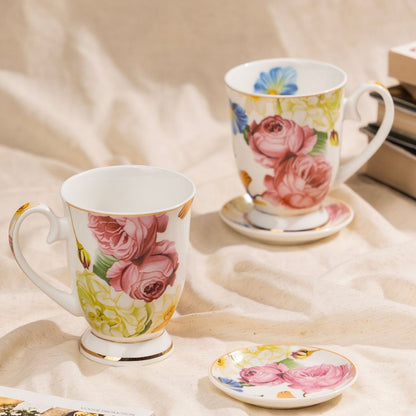 Rose Reverie Mug & Coaster Set – 2 Mugs + 2 Coasters | 4-Piece Gift Set
