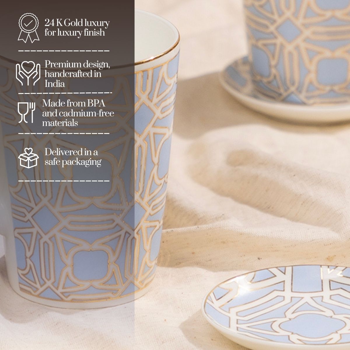 Blue Gold Deco Mug & Coaster Set – 2 Mugs + 2 Coasters | 24 Carat Gold
