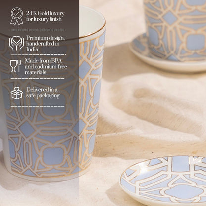 Blue Gold Deco Mug & Coaster Set – 2 Mugs + 2 Coasters | 24 Carat Gold