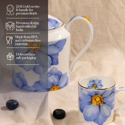 Magnolia Bloom – Lavender Floral Tea Service Set – 6 Tea Cups & 1 Kettle | 7-Piece Set