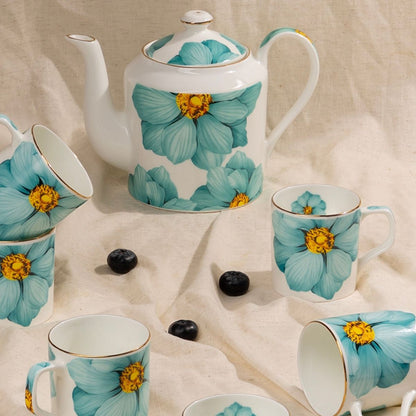 Magnolia Bloom – Floral in Sea Green Tea Service Set – 6 Tea Cups & 1 Kettle | 7-Piece Set