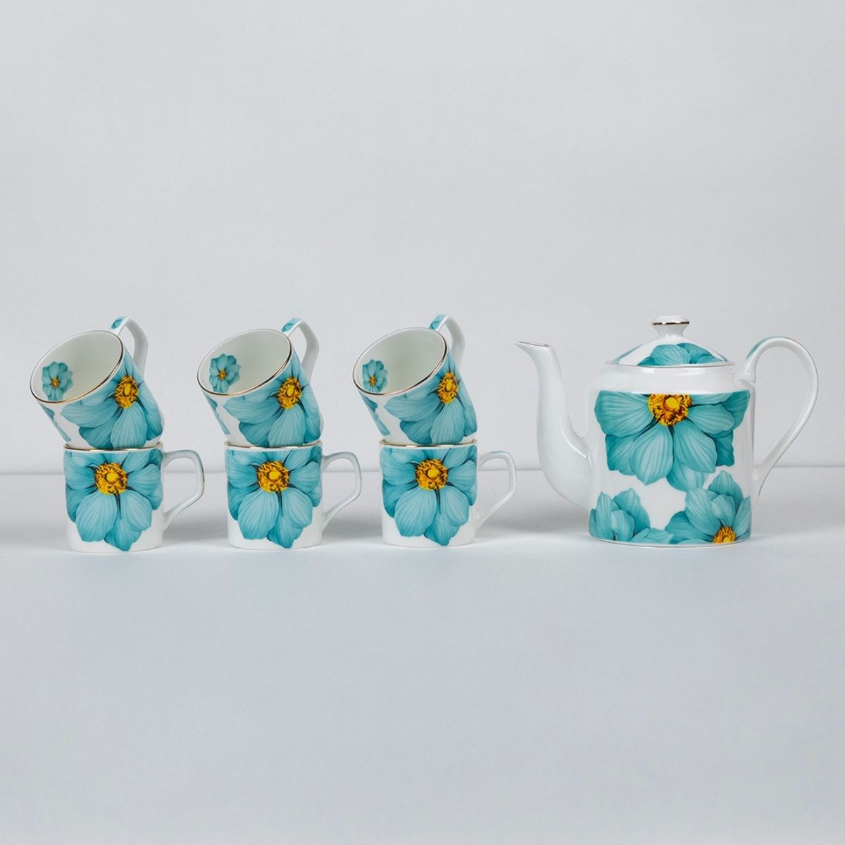 Magnolia Bloom – Floral in Sea Green Tea Service Set – 6 Tea Cups & 1 Kettle | 7-Piece Set