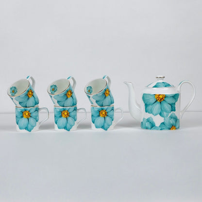 Magnolia Bloom – Floral in Sea Green Tea Service Set – 6 Tea Cups & 1 Kettle | 7-Piece Set