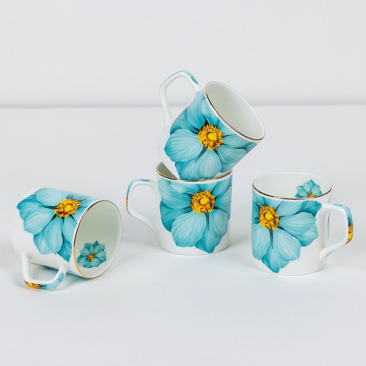 Magnolia Bloom – Floral in Sea Green Tea Service Set – 6 Tea Cups & 1 Kettle | 7-Piece Set