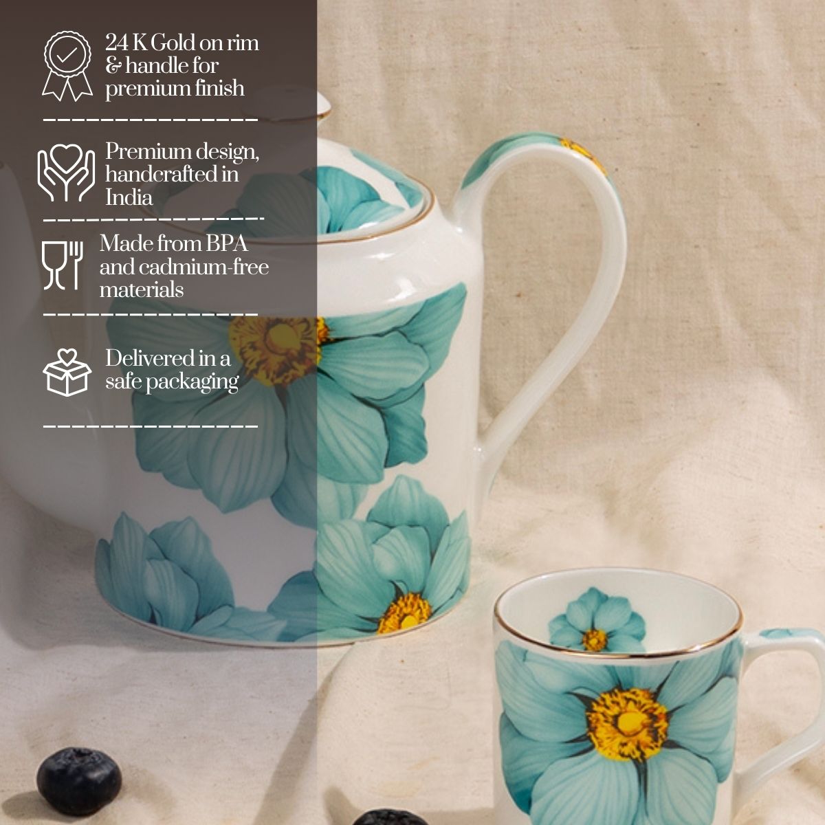 Magnolia Bloom – Floral in Sea Green Tea Service Set – 6 Tea Cups & 1 Kettle | 7-Piece Set