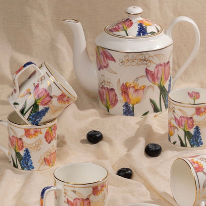 Golden Tulip Garden Tea Service Set – 6 Tea Cups & 1 Kettle | 24 Carat Gold, 7-Piece Set