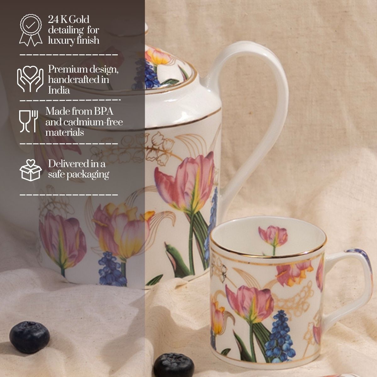 Golden Tulip Garden Tea Service Set – 6 Tea Cups & 1 Kettle | 24 Carat Gold, 7-Piece Set
