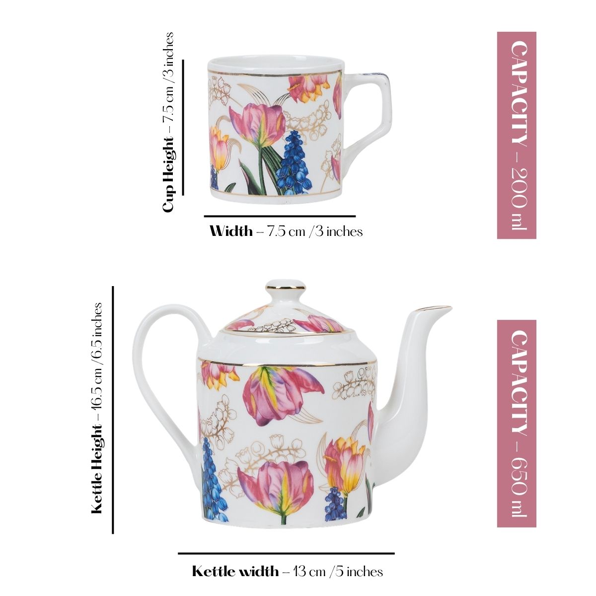 Golden Tulip Garden Tea Service Set – 6 Tea Cups & 1 Kettle | 24 Carat Gold, 7-Piece Set
