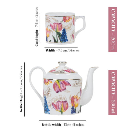 Golden Tulip Garden Tea Service Set – 6 Tea Cups & 1 Kettle | 24 Carat Gold, 7-Piece Set