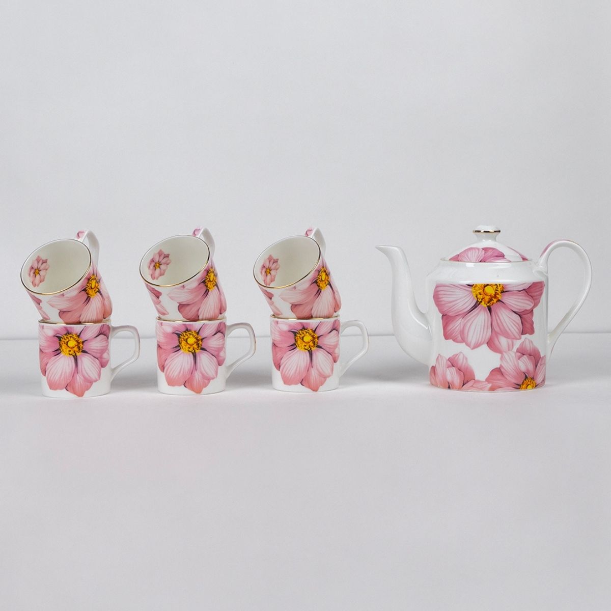 Magnolia Bloom – Floral in Sea Green Tea Service Set – 6 Tea Cups & 1 Kettle | 7-Piece Set