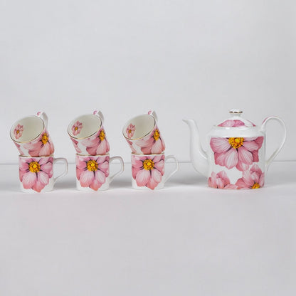 Magnolia Bloom – Floral in Sea Green Tea Service Set – 6 Tea Cups & 1 Kettle | 7-Piece Set
