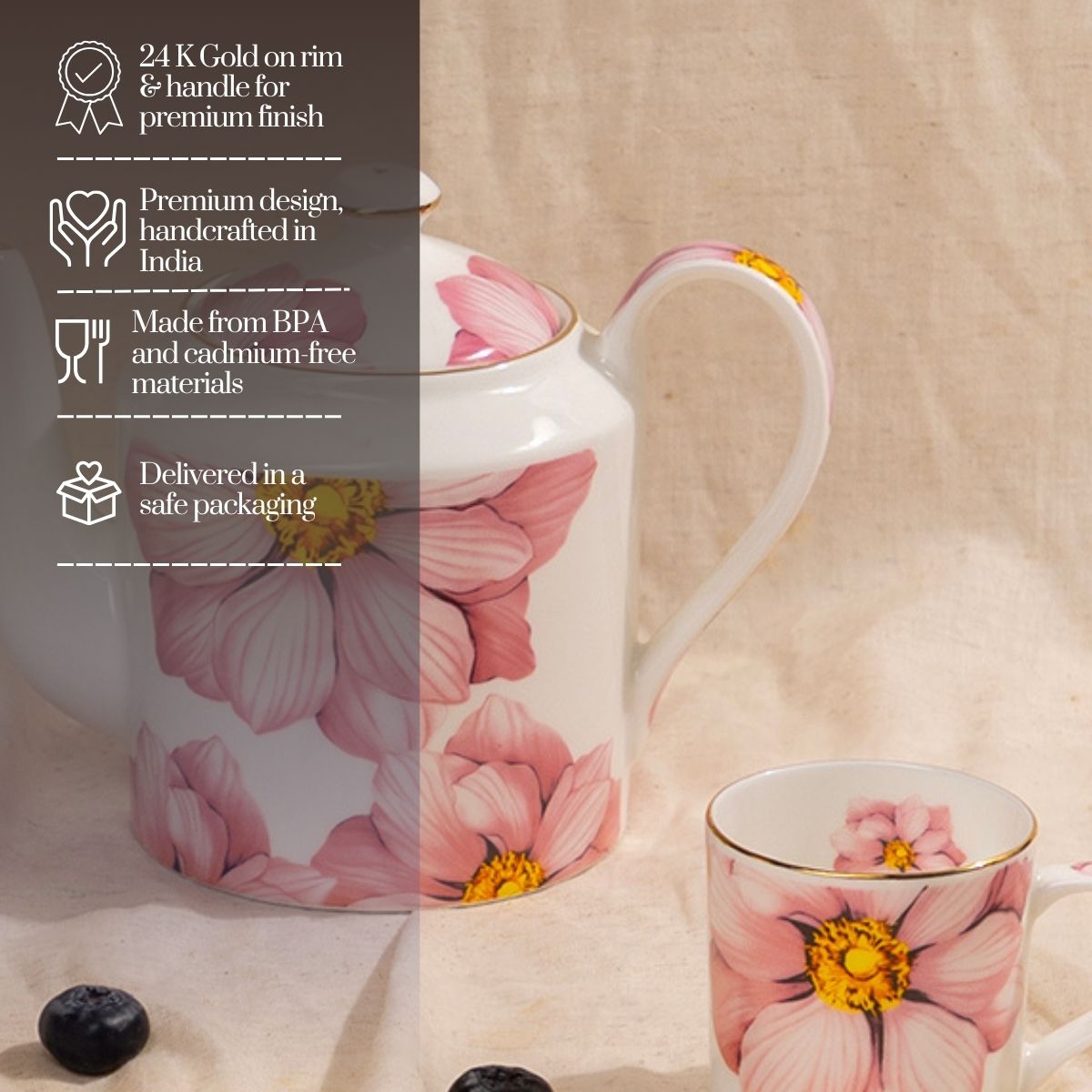 Magnolia Bloom – Floral in Sea Green Tea Service Set – 6 Tea Cups & 1 Kettle | 7-Piece Set