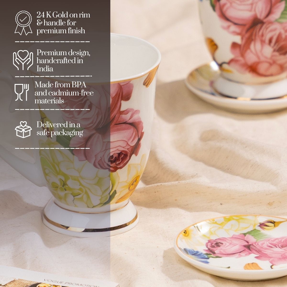 Rose Reverie Mug & Coaster Set – 2 Mugs + 2 Coasters | 4-Piece Gift Set