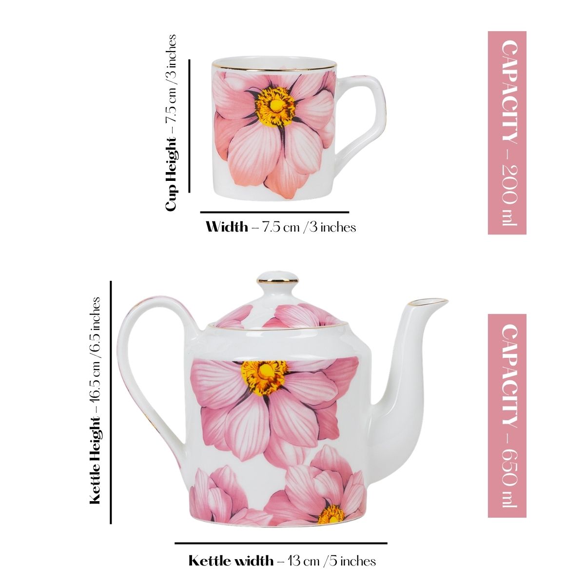 Magnolia Bloom – Floral in Sea Green Tea Service Set – 6 Tea Cups & 1 Kettle | 7-Piece Set