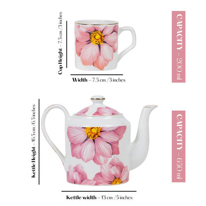 Magnolia Bloom – Floral in Sea Green Tea Service Set – 6 Tea Cups & 1 Kettle | 7-Piece Set