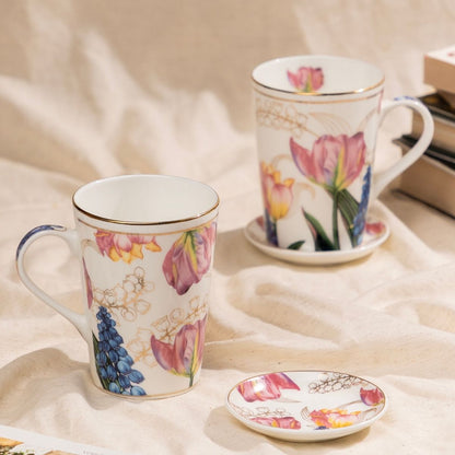 Golden Tulip Garden Mug & Coaster Set – 2 Mugs + 2 Coasters | 24 Carat Gold