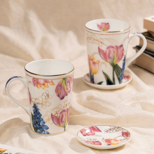 Golden Tulip Garden Mug & Coaster Set – 2 Mugs + 2 Coasters | 24 Carat Gold