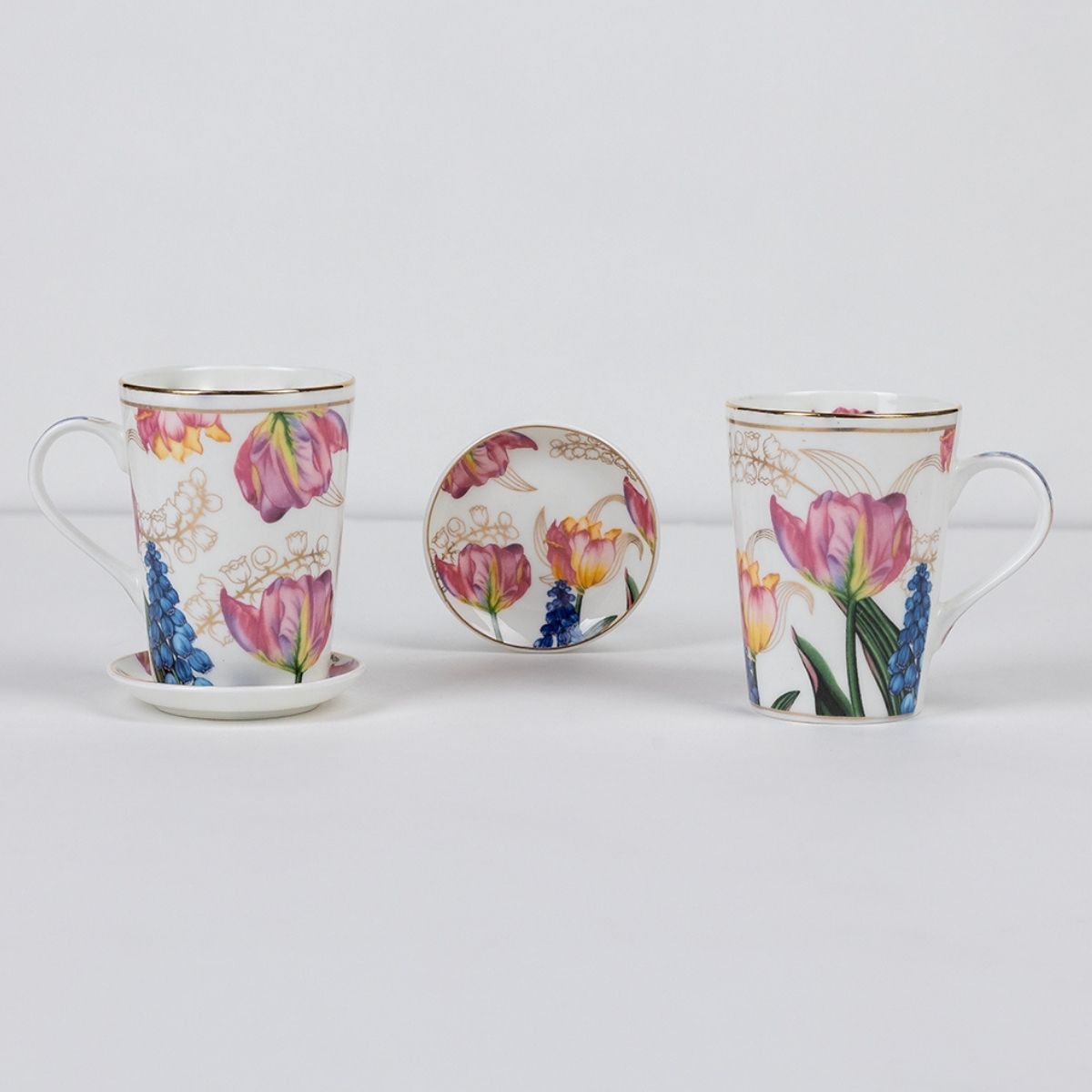 Golden Tulip Garden Mug & Coaster Set – 2 Mugs + 2 Coasters | 24 Carat Gold