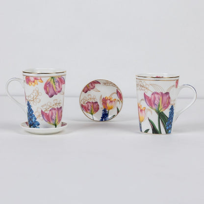 Golden Tulip Garden Mug & Coaster Set – 2 Mugs + 2 Coasters | 24 Carat Gold