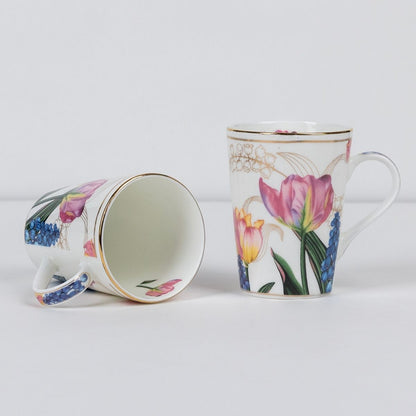 Golden Tulip Garden Mug & Coaster Set – 2 Mugs + 2 Coasters | 24 Carat Gold